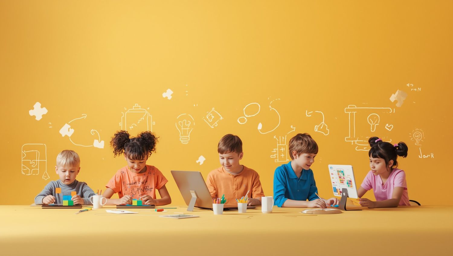 Children learning coding through visual blocks and creative digital projects