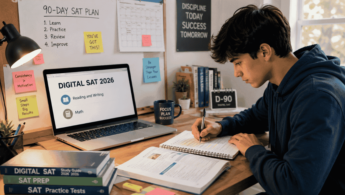 Student studying for Digital SAT 2026 with laptop and notes