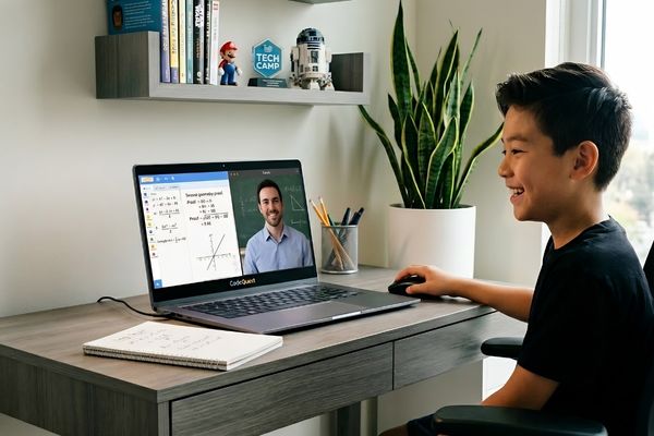 Student learning PSAT math and reading with tutor