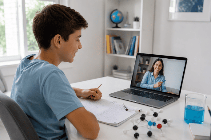 Student learning chemistry online with expert tutor