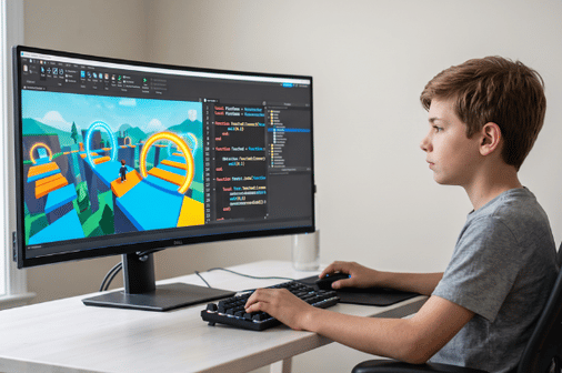 Student designing a Roblox game in Roblox Studio.