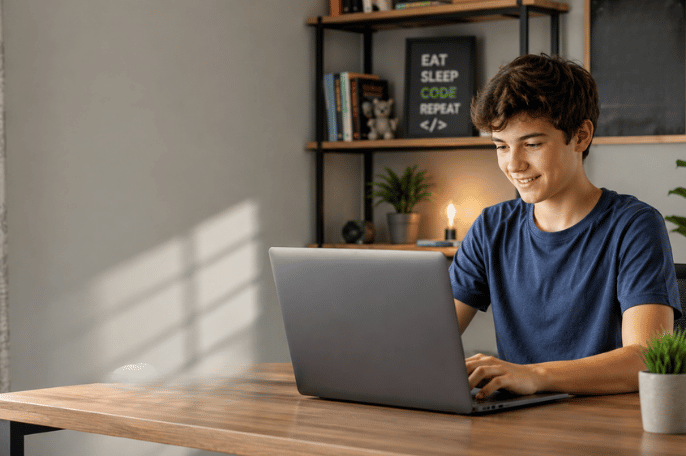 Student writing Python code on a laptop.