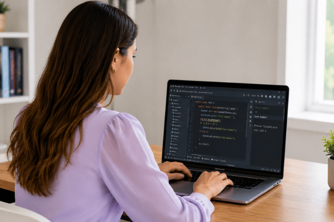 Student building a Java application on a laptop.