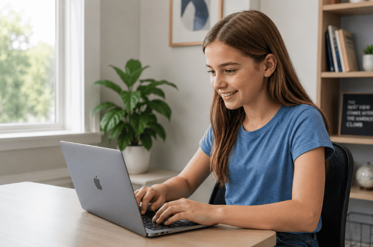 Student building an HTML website on a laptop.