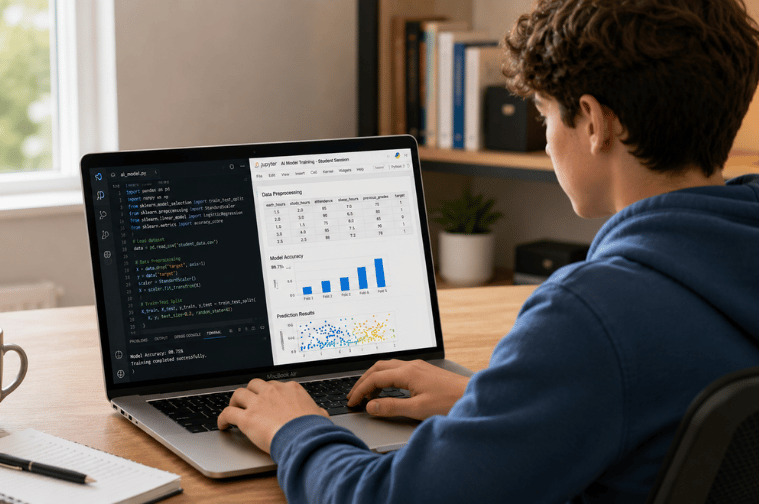 Student creating an Artificial Intelligence project using Python.