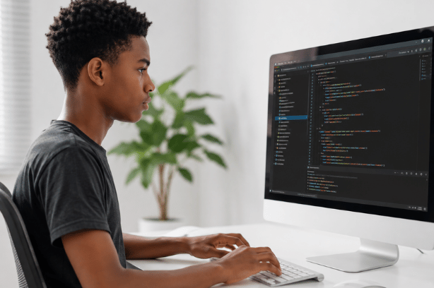 Tutor helping a student build a mobile app with MIT App Inventor.