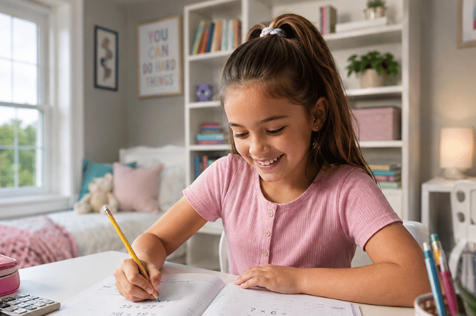 Kindergarten child solving math activities with an online tutor.