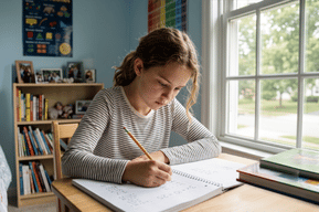 Child practicing advanced elementary math skills.