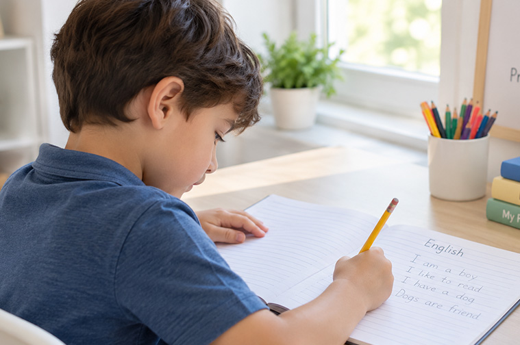 Grade 1 student practicing reading and writing