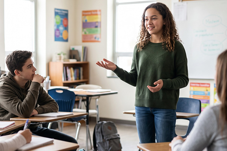Student building speaking confidence through voice and body language practice